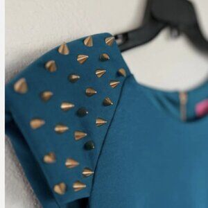 Betsey Johnson Sheath Teal Dress with Spiked Shoulders and gold zipper, Size 6